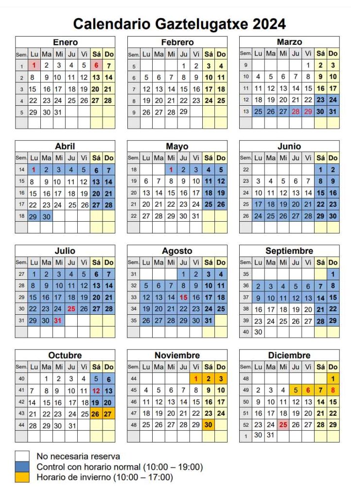 Calendario para reservar entrada a San Juan de Gaztelugatxe en 2024